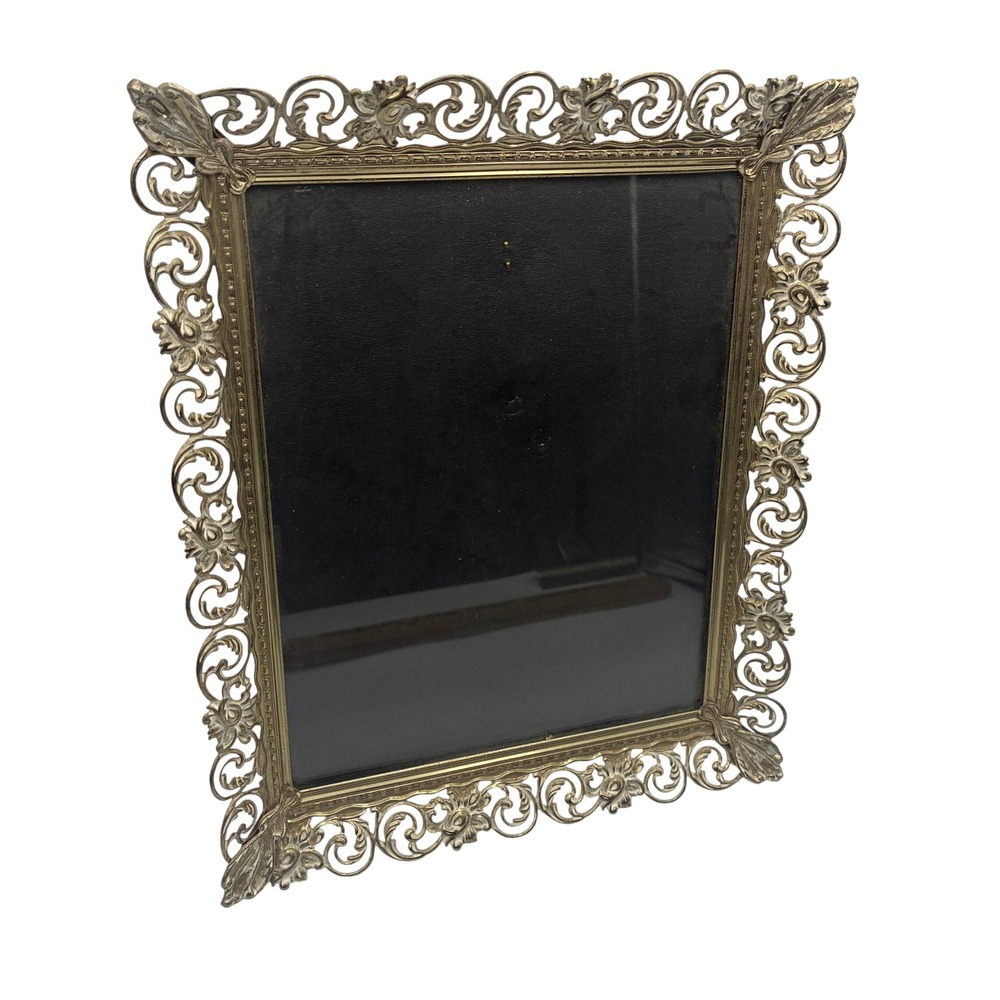 Vintage Gold Filigree Picture Frame Ornate Floral Scrollwork Metal Easel Back